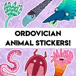 Puede incluir: Un conjunto de pegatinas coloridas que representan varios animales del período Ordovícico, incluyendo un trilobites, una anémona de mar, un nautiloide y un gusano. Las pegatinas están etiquetadas como "Ordovician Animal Stickers!"