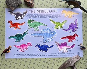 May include: A blue poster titled "THE SPINOSAURS!" features colorful illustrations of various dinosaurs, each labeled with a number and name. Toy dinosaur figures and rocks are scattered around the poster. A rock hammer is in the bottom right corner.
