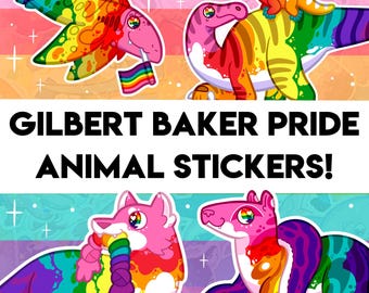 May include: Colorful animal stickers with rainbow designs and the text "GILBERT BAKER PRIDE ANIMAL STICKERS!". The stickers feature a shark, dinosaur, wolf, and snake, each with vibrant rainbow patterns and pride flags.