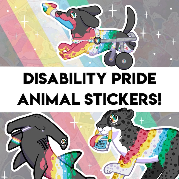 Disability Pride Stickers! - Shark, Dog, Cat Designs - Holographic Sticker for Water bottle, journal, decoration