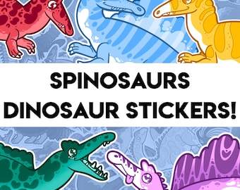 May include: A collection of colorful dinosaur stickers featuring red, blue, yellow, green, and purple Spinosaurus illustrations. The text SPINOSAURS DINOSAUR STICKERS! is printed in bold black letters across the center of the graphic design.