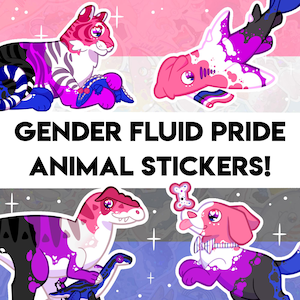 May include: A square image featuring four cartoon animal stickers with gender fluid pride flag colors. The animals include a tiger, shark, dinosaur, and dog. The text "GENDER FLUID PRIDE ANIMAL STICKERS!" is displayed in bold, black font.