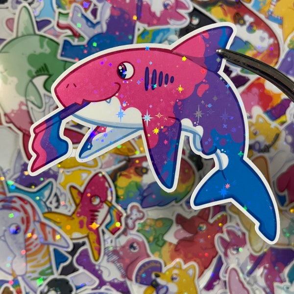 Bisexual Bull Shark Pride - Pride Sharks lgbt Holographic Glossy Sticker - Water Resistant Sticker Water Bottle