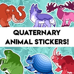 NOVO! Adesivos de Paleontologia Quaternária - 33 designs - Animais da Era Glacial, Mamute, Megaloceros, Lobo-terrível, Smilodon, Megalânia, Gliptodonte e muito mais!