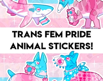 Naklejki ze zwierzętami Trans Fem Pride – wzory LGBT z rekinami, psami, kotami i dinozaurami na butelkę z wodą i do dziennika