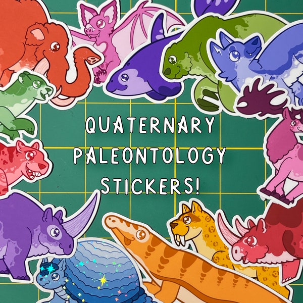 Quaternary Paleontology Stickers - 20 Designs - Ice Age Animals Mammoth Megaloceros DireWolf Smilodon Megalania Glyptodon & more!