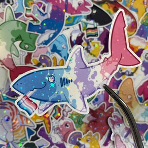 Bigender Shortfin Mako Shark Pride - Pride Sharks lgbt Holographic Glossy Sticker - Water Resistant Sticker Water Bottle