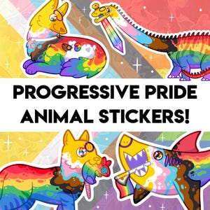 Pegatinas de orgullo progresista e inclusivo intersexual: diseños de tiburón, perro, gato y dinosaurio. Pegatina holográfica para decorar tu diario con botellas de agua.