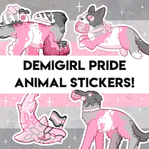 Pegatinas del Orgullo Demigirl: diseños de tiburón, perro, gato y dinosaurio. Pegatina holográfica para botellas de agua, diarios y decoración.