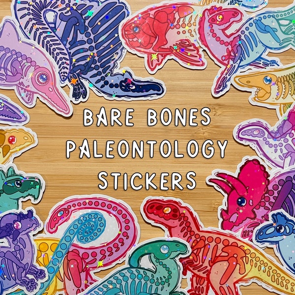 Bare Bones Paleontology Stickers - 15 Designs - Stegosaurus Spinosaurus Dunkleosteus DireWolf Helicoprion Triceratops Diplodocus & more!