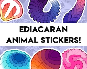 Adesivos de Paleontologia Ediacarana - 9 modelos - Aspidella, Mawsonites, Stromatolite, Charnia, Dickinsonia, Spriggina, Kimberella e muito mais!
