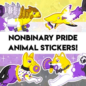 Adesivi Enby Pride non binari! - Disegni di squali, cani, gatti, dinosauri - Adesivo olografico per borraccia, diario, decorazione