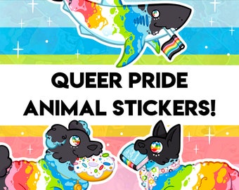 Queer Pride Aufkleber! - Hai, Hund, Katze Designs - Holografischer Aufkleber für Wasserflasche, Journal, Dekoration