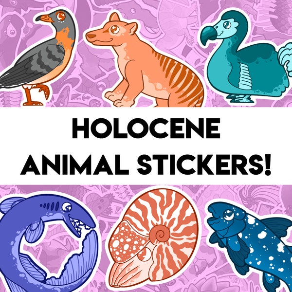 Holocene Paleontology Stickers - 16 Designs - Extinct and Living Fossils - Dodo Great Auk Thylacine Frilled Shark Coelocanth & more!
