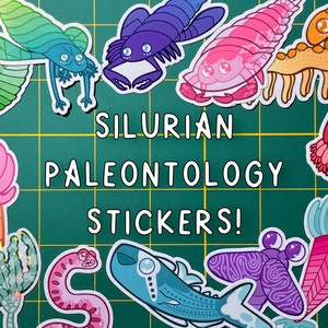 Adesivi di paleontologia siluriana - 14 disegni - Eurypterus Pterygotus Crinoide Corno Corallo Trilobite Conodont Parioscorpio Birkenia e altro!