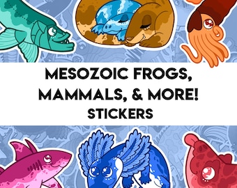 Mesozoic Misc - Sharks Fish Frogs Mammals - 25 Designs - Triassic Cuddle Repenomamus  Beelzebufo Ptychodus Diplomoceras & more!
