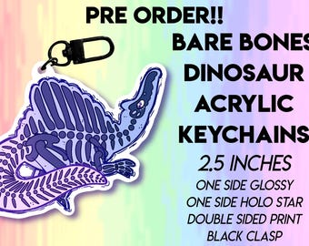 PRE ORDER - Bare Bones Dinosaur Fossil Keychain - Spinosaurus Stegosaurus Triceratops Quetzalcoatlus Dire Wolf Titanoboa & more! 10 designs.