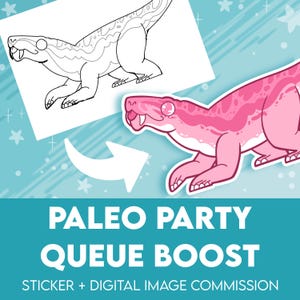 Könnte beinhalten: Digitale Illustration eines rosa Dinosauriers mit weißem Umriss, neben einer Schwarz-Weiß-Strichzeichnung desselben Dinosauriers. Das Bild enthält den Text "PALEO PARTY QUEUE BOOST" und "STICKER + DIGITAL IMAGE COMMISSION" auf türkisfarbenem Hintergrund.