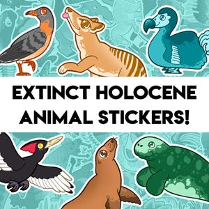 Pegatinas de paleontología holocena extinta: 25 diseños: dodo, alca gigante, tilacino, paloma migratoria, quagga y más.