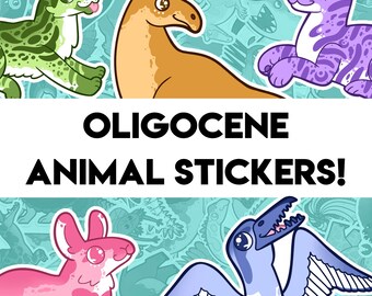 Oligocene Paleontology Stickers - 17 Designs - Paraceratherium Hyaenodon Proailurus Dinictis Pelagornis Hyracodon Titanohyrax and more!