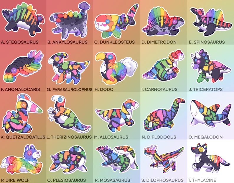 Plushie Paleontology Stickers! - 18 Designs - Allosaurus Stegosaurus Spinosaurus Dunkleosteus Mosasaurus Megalodon Triceratops & more! image 2