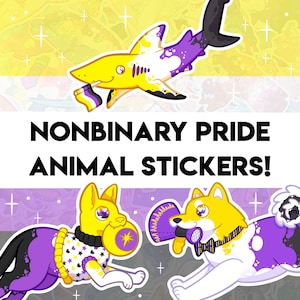 Nonbinary Enby Pride Stickers! - Shark, Dog, Cat Designs - Holographic Sticker for Water bottle, journal, decoration