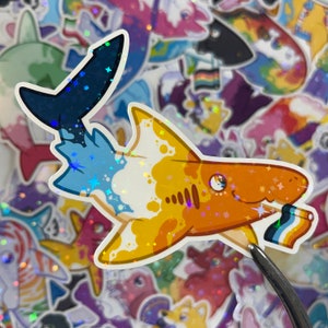 Aro-Ace Lemon Shark Pride - Pride Sharks lgbt Holographic Glossy Sticker - Water Resistant Sticker Water Bottle