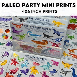 May include: A collection of Paleo Party mini prints measuring 4x6 inches. The prints feature colourful illustrations of various dinosaurs and prehistoric creatures, categorised by groups such as The Tyrannosaurs and The Ceratopsians, with text.