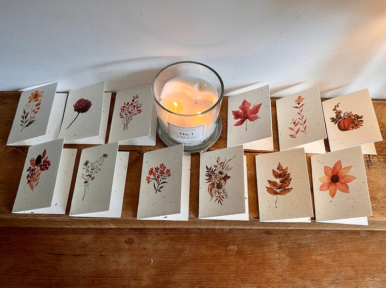 12 cute, mini lavender seeded cards with individual autumnal botanicals on each card image 1