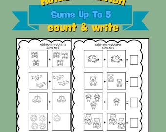 Addition to 5 Worksheets Printable | Picture Addition Math for Kindergarten
