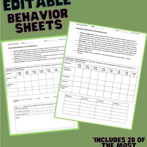 Könnte beinhalten: Zwei grüne, editierbare Verhaltensbögen mit schwarzem Text. Die Bögen enthalten operative Definitionen von Zielverhalten und eine Häufigkeitstabelle für Zielverhalten. Der Text auf den Bögen enthält "Editierbare Verhaltensbögen" und "Enthält 20 der gebräuchlichsten operativen Definitionen."