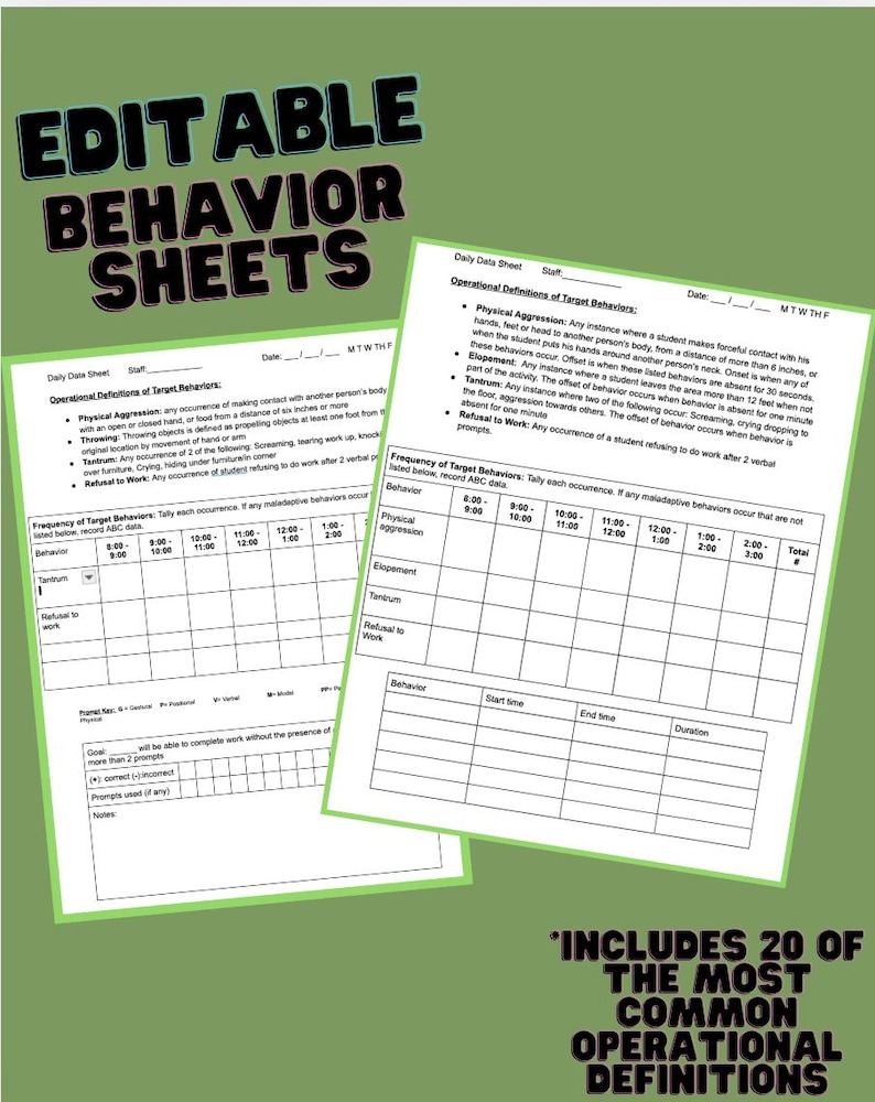 Op de afbeelding: Twee groene, bewerkbare gedragsbladen met zwarte tekst. De bladen bevatten operationele definities van doelgedrag en een frequentietabel voor doelgedrag. Tekst op de bladen bevat "Bewerkbare gedragsbladen" en "Bevat 20 van de meest voorkomende operationele definities."