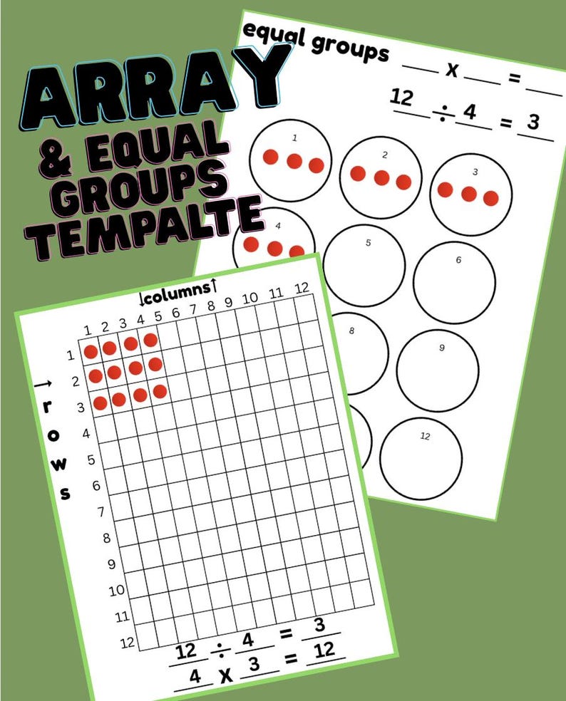Może przedstawiać: Edukacyjne arkusze robocze z tytułem "ARRAY & EQUAL GROUPS TEMPALTE". Jeden arkusz zawiera siatkę tablicy z czerwonymi kropkami, a drugi okręgi z czerwonymi kropkami i zadaniami matematycznymi. Arkusze są na zielonym tle.