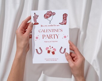Galentine’s Party Invitation Editable Canva Template Pink Cowgirl Western Girls Night Invite Printable Digital Download