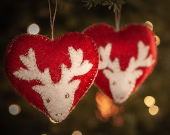 Wool Felt Reindeer Hearts Christmas Ornaments, Christmas Tree Decoration, Eco Friendly  inspired