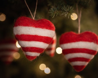 Wool Felt Striped Hearts Christmas Ornaments, Christmas Tree Decoration, Eco Friendly  inspired