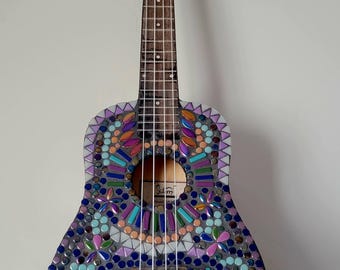 Mosaic Ukulele Art, Iridescent Tile Decor