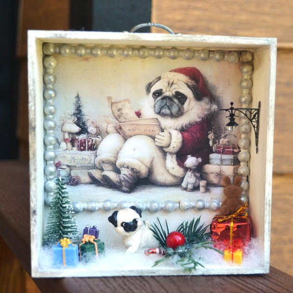 Caja navideña de Papá Noel con diseño de carlino, decoración para la repisa de la chimenea, perros navideños, regalo para mamás de carlinos, centro de mesa con bandeja escalonada.