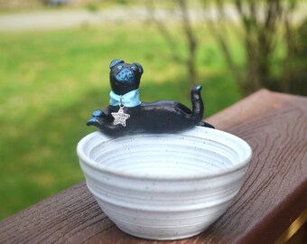 Black pug ring dish or a faux plant holder. Hand-sculpted pug statuette. A present for mom.