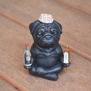 Meditating bronze pug statue, Miniature whiskey bottles, Dog humor gift for Father's Day.