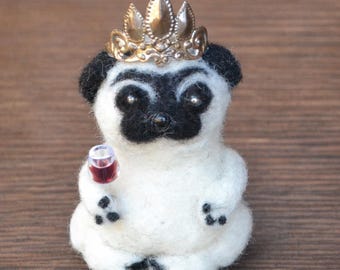 Needle felted white pug, pug mom birthday gift, wine lover shelf sitter, Thank you gift for coworker friend.