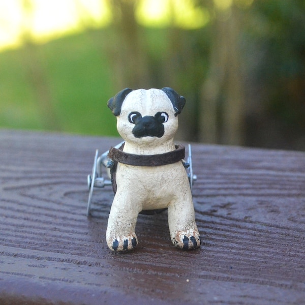 Fawn or bronze wheelie pug figurine, Miniature clay pug dog in a wheelie cart, Pug mom gift.