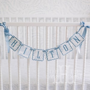 Personalized Blue Toile Name Banner – Baby Boy Name Garland for Nursery, Crib, or Baby Shower Decor – Custom Embroidered Appliqué Sign