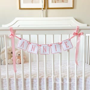 Personalized Pink Dot Name Banner – Baby Girl Name Polkadot Garland for Nursery, Crib, Baby Shower Decor – Custom Embroidered Appliqué Sign