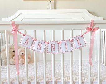 Personalized Pink Dot Name Banner – Baby Girl Name Polkadot Garland for Nursery, Crib, Baby Shower Decor – Custom Embroidered Appliqué Sign
