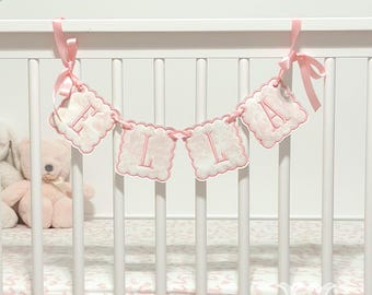 Personalized Pink Toile Name Banner – Baby Girl Name Garland for Nursery, Crib, or Baby Shower Decor – Custom Embroidered Appliqué Sign