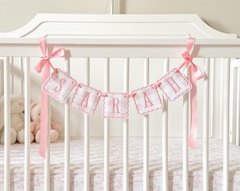 Personalized Pink Gingham Name Banner – Baby Girl Buffalo Name Garland for Nursery, Crib, Shower Decor – Custom Embroidered Appliqué Sign