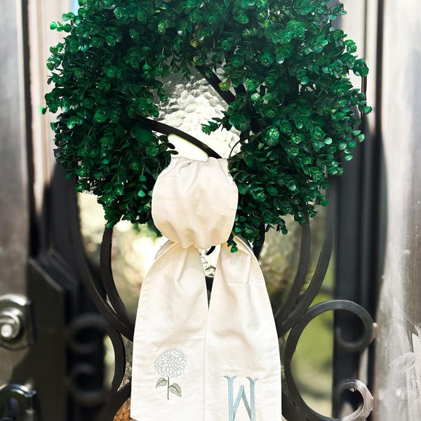 Personalized Wreath Sash with Hydrangea and Monogram | Cream Cotton Wreath Bow | Year-Round Door Decor | Embroidered Initial Wreath Accent