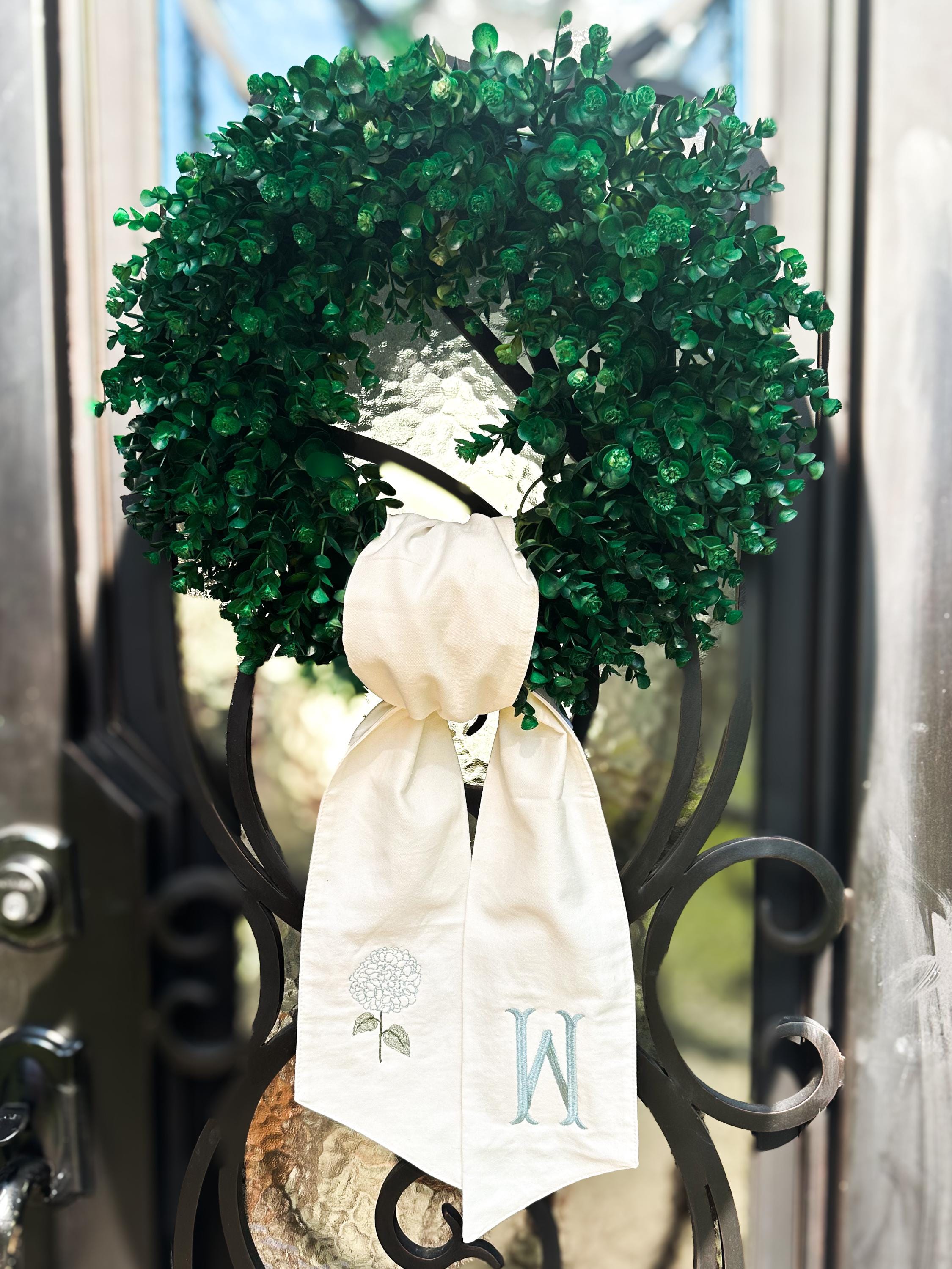 Personalized Wreath Sash with Hydrangea and Monogram | Cream Cotton Wreath Bow | Year-Round Door Decor | Embroidered Initial Wreath Accent