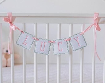 Personalized Pink and Green Name Banner – Baby Girl Name Garland for Nursery, Crib, or Baby Shower Decor – Custom Embroidered Appliqué Sign